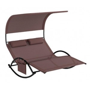 Dvigulis saulės gultas su stogeliu, šonine kišene ir 2 nuimamais galvos atlošais (Rudas)